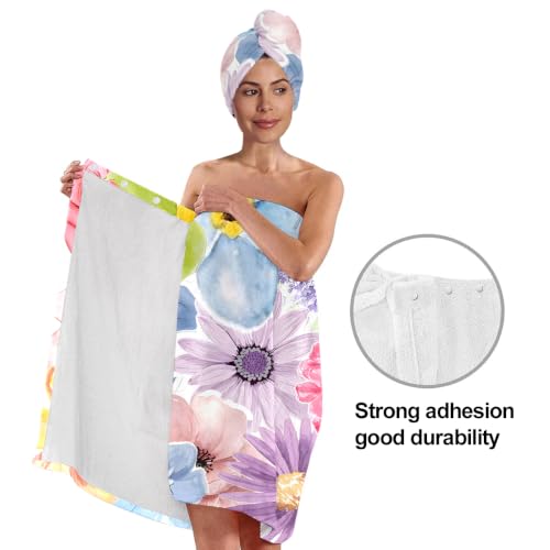 Women's Pink Floral Bath Wrap & Hair Towel Set - Soft Microfiber Spa Body Wrap with Snap Buttons, Absorbent Adjustable Shower Towel with Drying Turban for Gym, Sauna & Dorm (Floral 20) - color: Floral 20