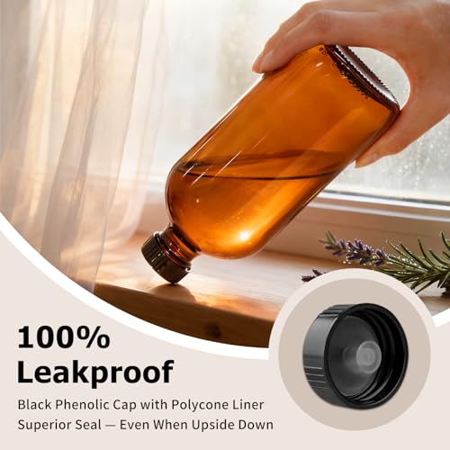 15 Pack 16 oz Amber Glass Boston Round Bottles with Phenolic Polycone Caps – Airtight, Leak-Proof Brown Bottles for Kombucha Brewing, Storing Condiments, Essential Oils, and Homemade Solutions - size: 16 Ounces