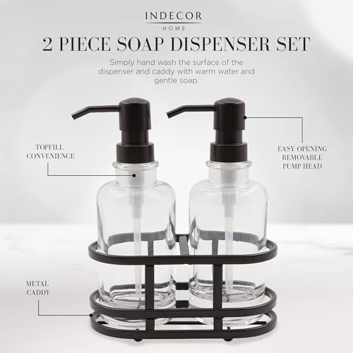 3 Piece Round Heavy Weight Glass Soap Lotion Pump Dispenser Set with Metal Caddy for Home Bath Kitchen Travel Office Hand Crafted Metal Tray Oil Rubbed Bronze