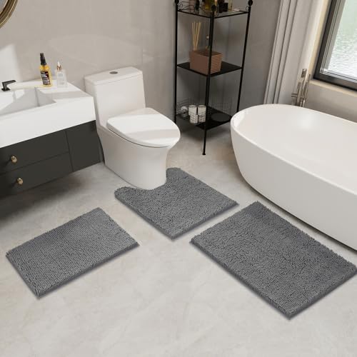 LINLA 3 Pieces Bathroom Rug Set, Absorbent Non Slip Chenille Bath mat, Thick Plush Chenille Carpet Mats Set,Washable Dry Quickly with U-Shaped Toilet Mat for Tub, Shower（Grey） - color: Grey