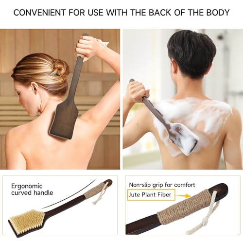 Back Scrubber Shower Brush,Dry Brushing Body Brush with 17.7 Inch Curved Long Handle, Natural Bristles for Lymphatic Drainage, Soft & Stiff Bristles Available (Natural Fiber, Stiff) - color: Natural Fiber, size: STIFF