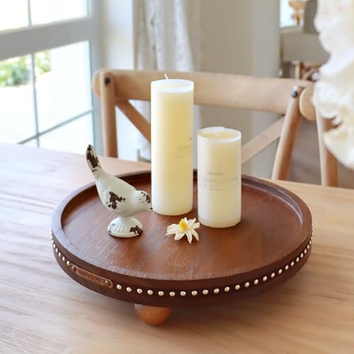 Farmhouse Decorative Round Tray, 11.81 Inch, Versatile Centerpiece Tray for Coffee Table Kitchen Living Room Bathroom, Home Decor Accent Brown Color - color: Brown