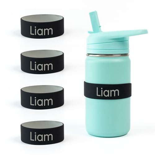 Mabel’s Labels Personalized Two-Tone Engraved Silicone Name Bands – Reusable Dishwasher-Safe Name Bands for Water Bottles, Sippy Cups & Drinkware (Black & Gray, 4 Pack) - color: Black/Grey, size: 4 Count (Pack of 1)