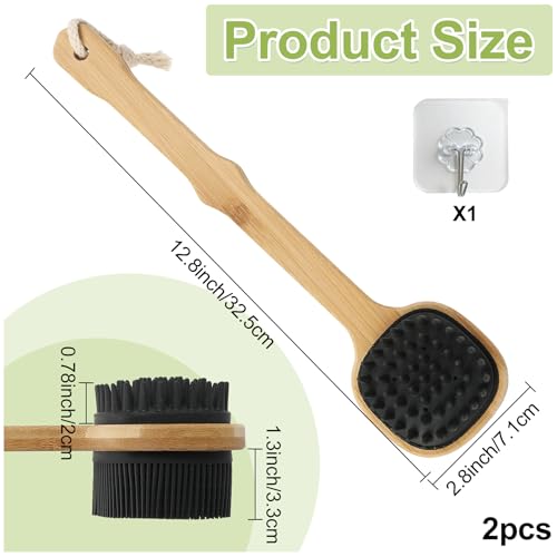 Silicone Back Scrubber for Shower, 2PCS Silicone Bath Body Brush Loofah with Long Handle, Dual-Sided Shower Brush for Body, Black Exfoliating Body Scrubber for Men Women, Back Washer for Men with Hook - size: black+black-2pcs