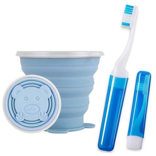Toothbrush Travel Case, Travel Toothbrush Silicone Collapsible Toothbrush Cup, Travel Toothbrush Set Suitable for Business Camping Travel or Daily Use (Blue) - color: Blue