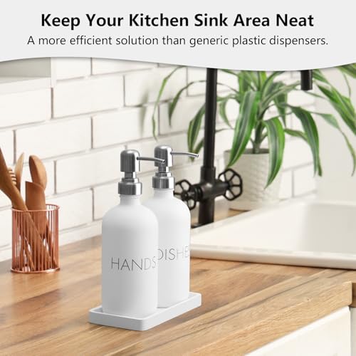 White Dish and Hand Soap Dispenser Set - Glass Kitchen Soap Dispenser with Tray and Stainless Steel Pump - for White Kitchen Decor and Accessories - color: White