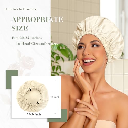 Edoneery Reusable Shower Caps for Women, Waterproof Long Hair Bonnet | Washable Design, Wide Elastic Band, Large Fit, Holds Long Hair, Braids Friendly, Bath Accessories, Spa, Travel - color: Light Champagne