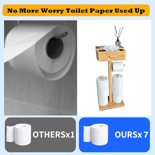 Freestanding Bathroom Toilet Paper Holder Stand with Shelf, Bamboo Toilet Paper Roll Holder with Wet Wipes Storage Drawer(Natural) - color: Natural