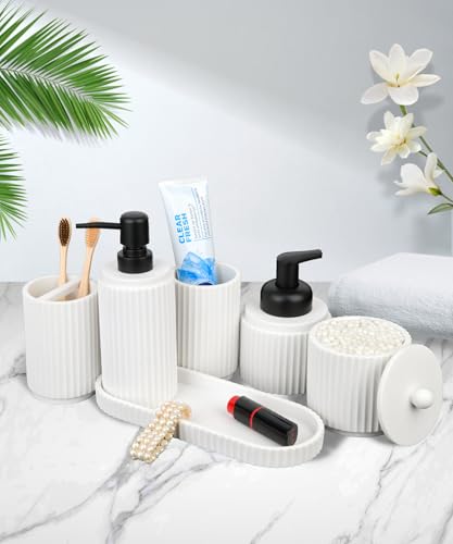 White Bathroom Accessory Set - 6 Pcs: Toothbrush Holder, Lotion & Foaming Soap Dispensers, Qtip Holder, Vanity Tray, Bathroom Tumbler, Countertop Organizer - color: White