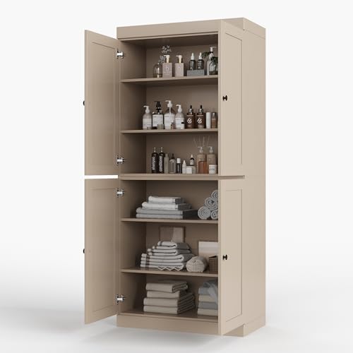 Palace Imports Solid Wood Tall Bathroom Pantry Cabinet with 4 Shaker Doors & Adjustable Shelves, Beige - 100% Eco-Friendly, Renewable, Space-Saving Storage, 71.5" H x 32" W, Made in Brazil - color: Beige