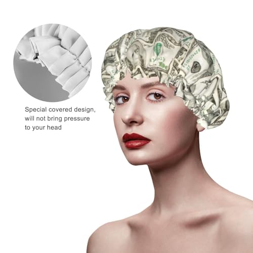 100 Dollar Money Shower Cap For Women Reusable Waterproof Double Layers Bath Cap Hair Protection Elastic Ladies Spa Salon Shower Hat - color: 100 Dollar Money