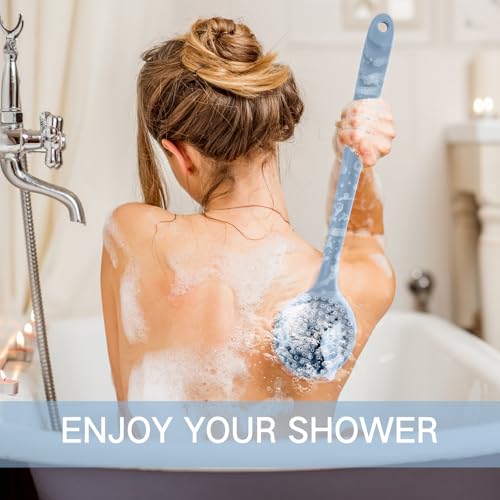 Sunnyray 2 Pack Silicone Back Scrubber for Shower with 15" Long Handle Double-Sided Bath Body Brush for Exfoliating Easy to Clean Quick Dry Deep Cleaning Lathers Well(Gray Blue) - color: Gray Blue