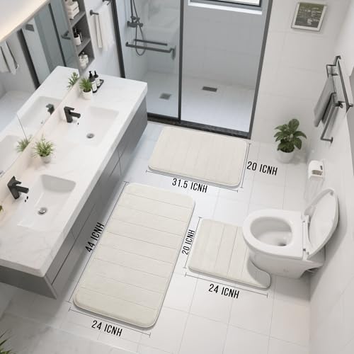 Yimobra 3 Pieces Memory Foam Bath Mat Set with U-Shaped Toilet Rug - Non Slip Super Soft Absorbent Quick Dry Bathroom Rugs for Bathtub, Vanity & Toilet Base, Cream White - color: Cream White, size: 44''x24'' + 31.5''x20'' + 24''x20''
