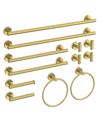 12 Pcs Brushed Gold Bathroom Accessories Set, HOMEMYSTIQUE SUS304 Stainless Steel Bathroom Hardware Set, Bath Towel Bar Set, Toilet Paper Holders, Towel Rings Racks, Robe Towel Hooks - color: Brushed Gold, size: 12 Pieces