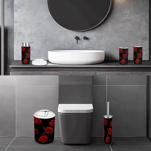 Bathroom Accessory Set 6 Piece Beautiful Pattern red Roses Black Toothbrush Holder, Toothbrush Cup, Soap Dispenser, Soap Dish, Toilet Brush Holder, Trash can for Countertop Rustic Decor