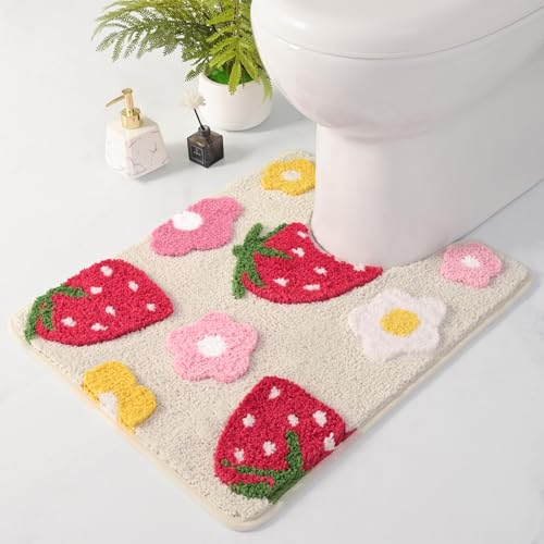 Anybar U-Shaped Toilet Rug 20x20'' - Super Soft Absorbent Bathroom Mat with Cute Strawberry & Flower Design, Non-Slip Quick-Dry Washable Contour Rug for Toilet, Bath Mats for Bathroom Decor（Beige） - color: Beige, size: 1'8" x 1'8" (U-Shape)