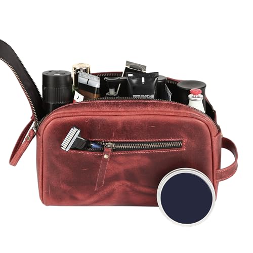 KomalC Leather Toiletry Bag for Men & Women – Handcrafted Travel Grooming Kit with Water-Resistant Lining and Secure Zipper Closure - style: 1 Zip Classic Red