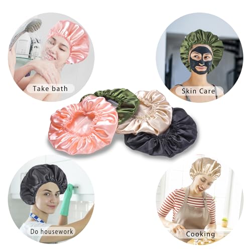 Shower Caps for Women, 4 PCS Elastic and Reusable Bath Caps, Double Layers Shower Cap Reusable Waterproof, Bathing Shower Caps, Environmental Bath Hair Protection Cap - Solid Color B - color: Solid Color B 4 PCS/Set