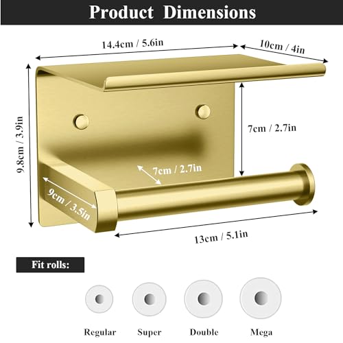 Tindbea Toilet Paper Holder with Phone Shelf, Adhesive or Screw Wall Mount Toilet Tissue Roll Holder, Rustproof & Multifunctional Stainless Steel Bathroom Storage Dispenser (Brushed Gold) - color: E-brushed Gold
