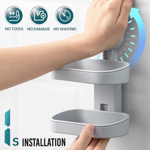 TAILI Soap Holder Soap Dish for Shower, Suction Cup Soap Holder for Shower Wall, Bathroom Accessories, Removable Strong Hold Soap Saver, Drill Free, Grey 2 Layer - color: Grey, size: 2 Tier