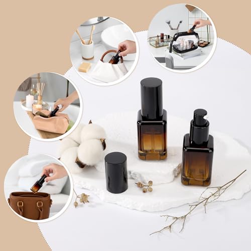 Segbeauty 1oz Glass Bottle with Pump, 30ml Empty Travel Size Pumping Lotion Dispenser Refillable, 2pcs Amber Pump Bottle Dispenser Face Cream Containers for Essential Oils Shampoo Liquid Soap Gel - size: 1oz/30ml