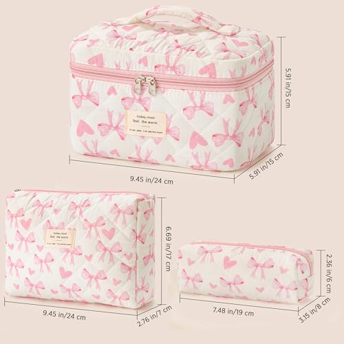 HBselect Quilted Makeup Bag, 3PCS Cotton Large Travel Makeup Bag, Cute Floral Coquette Make up Bag Cosmetic Bag Toiletry Bag for Women Girls - color: A-3PCS-Floral 13