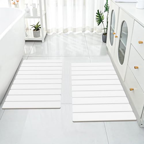 Cuckan 2 Pack Foldable Stone Bath Mats for Bathroom Super Absorbent Diatomaceous Earth Bath Mat Quick Dry Bath Rug Drying Mats with Non Slip Shower Rug Tub Shower Mat - color: White, size: 2x Rug 15x24" + 2x Non-slip Mat