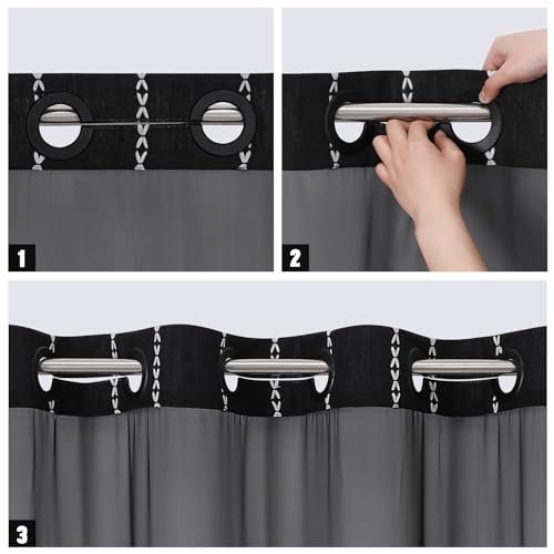 No Hooks Needed Farmhouse Shower Curtain with Snap-in Liner - with Window & Magnets, Boho Cotton Linen Fabric Shower Curtains with Tassels for Rustic Bathroom Decor, Black and White, 72 x 74 - color: Black - Win