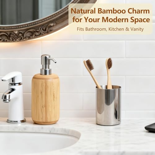 Round Bamboo soap and Lotion Pump Dispenser Bottle (10OZ/290ML) | Soap dispenser for kitchen and bathroom hand sanitizer, shower gel, shampoo