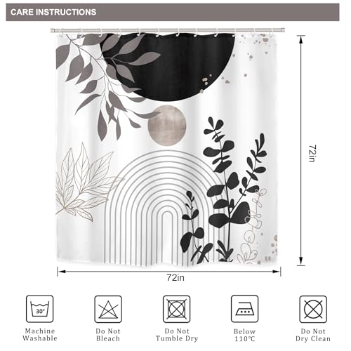 Riyidecor Black White Boho 4Pcs Bathroom Shower Curtain Sets Gray Retro Abstract Leaves Bathroom Decor Set with Rugs and Accessories Modern Neutral Toilet Lid Rug, Contour and Bath Mat with 12 Hooks - color: 06black White
