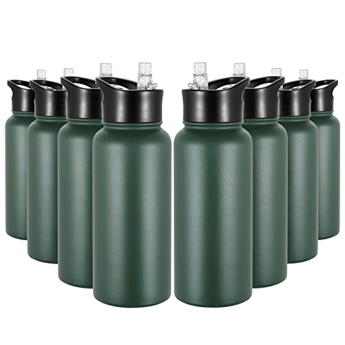 32 oz Insulated Water Bottle Bulk 8 Pack, Stainless Steel Sports Water Bottles with Straw Lid & Wide Mouth Lids, Double Walled Vacuum, Leak Proof, Dark Green - color: Dark Green, size: 32 Ounces-8