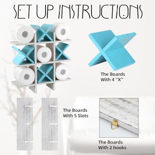 Weysat Tic Tac Toe Toilet Paper Holder Stand Bathroom Wall Decor Rustic Wooden Hanging Storage Freestanding Wall Mounted Shelves Decor for Toilet Tissue Farmhouse - color: White, Light Blue