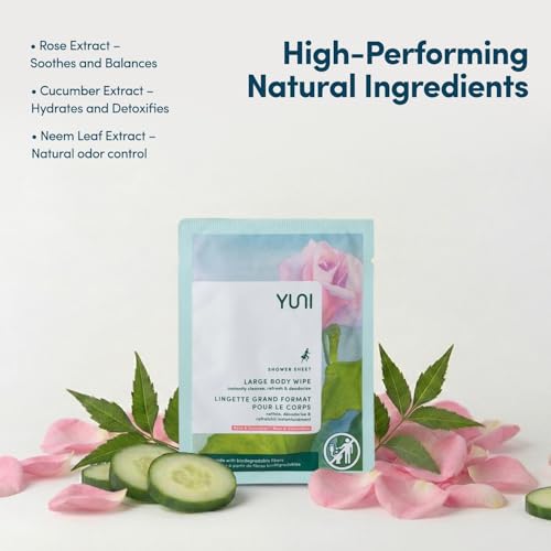 YUNI Beauty Large Body Wipes - Rose Cucumber, 30 Count - Moist Showerless Wipes, Cleanse & Deodorize, On-the-Go Waterless Body Cleanser, Individually Wrapped for Camping, Travel & Gym - size: 30 Count (Pack of 1)