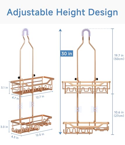 Upgraded Extended Length Shower Organizer with Hooks, Rustproof Shampoo Soap Holder, Large Hanging Bathroom Caddy, Rose Gold - color: Rose Gold