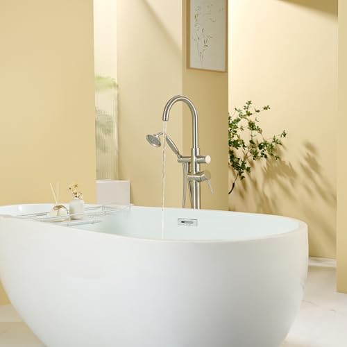 Wowkk Tub Filler Freestanding Bathtub Faucet Brushed Nickel Floor Mounted Brass Bathroom Tub Faucets with Hand Shower - color: Brushed Nickel
