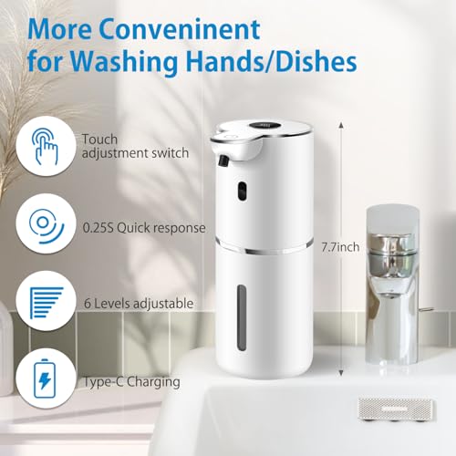 Automatic Liquid Soap Dispenser 12.8oz, Rechargeable & 6 Levels Soap Adjustable with Digital Display, Wall Mount, Waterproof, Touchless Hand/Dish Soap Dispenser for Kitchen, Bathroom, Hotel - color: White