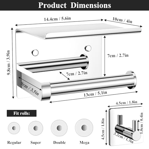 Tindbea Toilet Paper Holder with Phone Shelf + Towel Robe Hooks, Adhesive or Screw Wall Mounted Toilet Paper Roll Storage, Stainless Steel Bathroom Tissue Roll Holder (Polished Chrome) - color: Polished Chrome, size: Regular