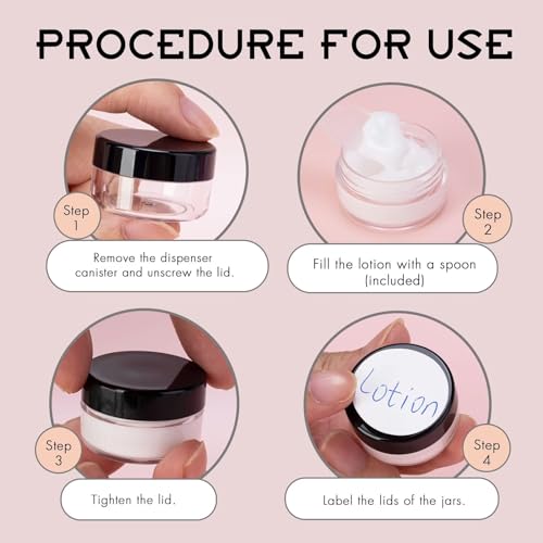 50 Count 5 Gram Sample Containers, Clear Lip Balm Containers with Lids, Small Plastic Sample Jars with 4 Mini Spoons, 50pcs Labels (Clear Lid) - color: Clear, size: 50 Count