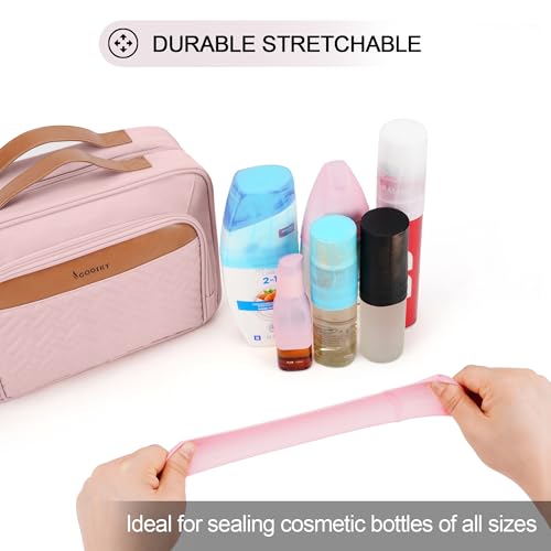 Travel Hanging Toiletry Bag for Women and Men, with 8 Leak Proofing Silicone Bottle Covers, Waterproof Makeup Accessories, Cosmetic Essentials, Cruise Ship Toiletries Bag with Jewelry Organizer, Pink - color: Baby Pink, size: Medium*1 + Leak Proofing Bott