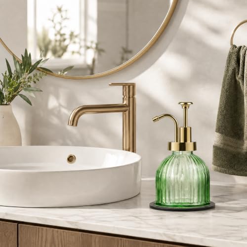 SheeChung 8 Oz Glass Soap Dispenser Bathroom, Green Liquid Hand Soap Dispenser with Pump, Refillable Dish Soap Dispenser for Kitchen, Cute Modern Stripes Lotion Bottle, Shampoo (Gold Pump, 2 Pack) - color: Green-gold Pump, 2 Pack