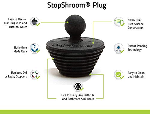 StopShroom Tub 2 Pack Universal Stopper for Bathtub and Bathroom Sink Drains, Black, 6-Pack