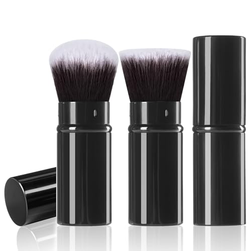 Retractable Kabuki Brush, 2 Pack Travel Foundation Face Makeup Brush Set | Powder Makeup Brushes for Blush, Liquid, Cream, Cosmetics, Loose Powder, Bronzer, with Aluminum Handle, Cover - color: Black