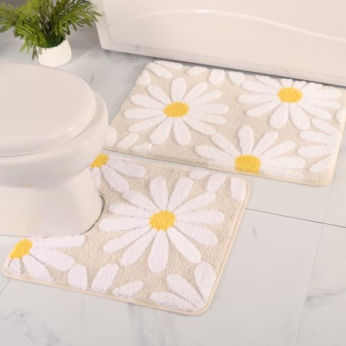 QJHOMO Bathroom Rugs Sets 2 Piece, Cute Daisy Bath Mat Beige Toilet Rug U Shaped, Flower Deocr Bathroom Set Non Slip Contour Bathmat, Super Absorbent Microfber Floor Mats Machine Washable Carpets - color: Beige, size: 1'8" x 2' (Rectangular & U-Shape)