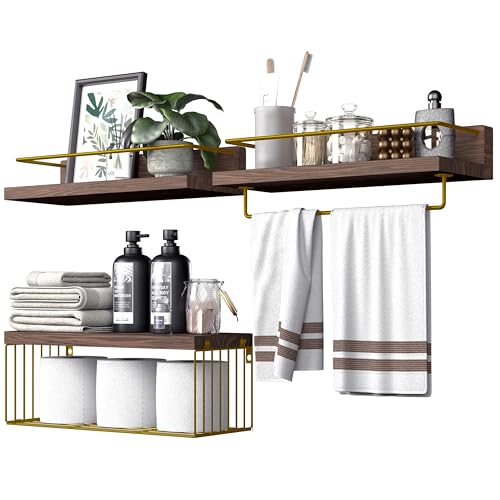PopiShelves Bathroom Shelves Over Toilet for Wall, Floating Shelves with Storage Basket Paper Holer for Kitchen Living Room, Bedroom & Classroom, Set of 3 (Brown and Gold) - color: Brown and Gold, size: 15.7"