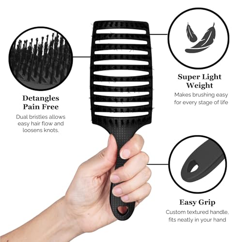 HAPPY HAIR BRUSH Happy Detangler Paddle Brush with Boar Bristles & Nylon Pins | Designed by Women to Detangle & Smooth Thick, Fine or Curly Hair | Pain-Free Slick Back Brush, Ultra Lightweight (Black) - color: Black