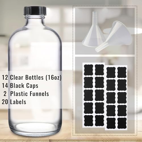 PINIWON 12 Pack 16 oz Clear Glass Bottles, Boston Round Sample Bottles with Black Poly Cone Caps, Labels and Funnels - color: Clear