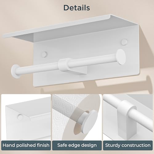 FORIOUS Double Toilet Paper Holder with Shelf, Wall Mount Tissue Roll Holder for Bathroom, 304 Stainless Steel Commercial Toilet Tissue Dispensers with Phone Shelf (1, White) - color: White