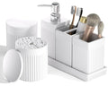 6-Piece White Bathroom Set - Modern Resin Bathroom Accessories Set with Soap Dispenser, Toothbrush Holder, Vanity Tray, Tumbler & Apothecary Jars for Small Spaces - color: White