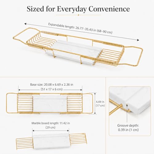 Expandable Bathtub Tray, Stainless Steel Bath Table Tray with Marble Board, Modern Luxury Bathtub Shelf for Bathrooms, Kitchen Sink (Gold + White) - color: Gold + White