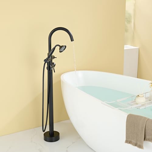 Wowkk Tub Filler Freestanding Bathtub Faucet Black Floor Mounted Brass Bathroom Tub Faucets with Hand Shower - color: Black